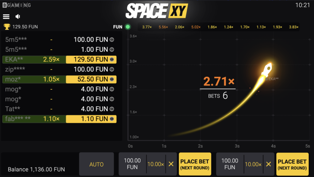 SPACE XY Gameplay Screen - Witness the thrilling rocket flight on the graph, with X and Y coordinates determining the winning multiplier. Experience the excitement of cashing out at the right moment in this captivating crypto crash betting game! ðð¥