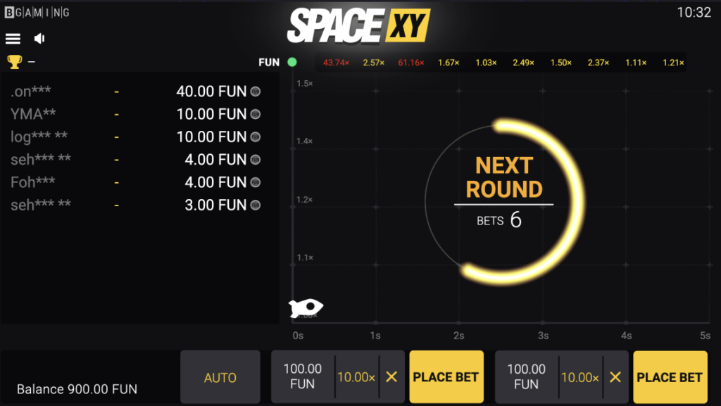 SPACE XY Place Bet Screen - A snapshot of the game interface displaying the rocket's flight graph. Players can place bets and select their wager amount for the round. Get ready for an exhilarating ride and try your luck in this crypto crash betting game! ðð¥